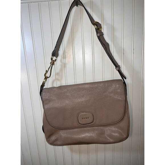 Dkny Leather Expandable  taupe  shoulder bag with turquoise blue wallet - Picture 1 of 10